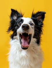 Comically shocked happy black and white dog with wide open mouth creates a humorous image on a bright single color background