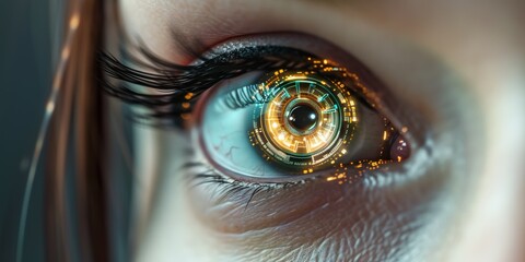 eye close up with smart contact lens with digital and biometric implants to scanning the ocular...