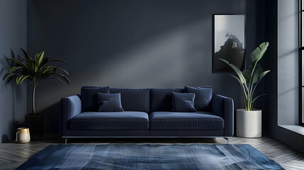 Sofa in studio apartment, dark blue. Modern living room interior design in a Scandinavian home