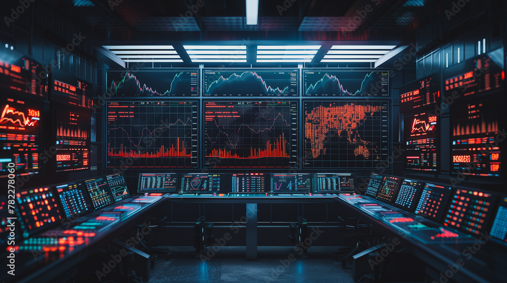 Poster a computer room with many monitors and a large screen