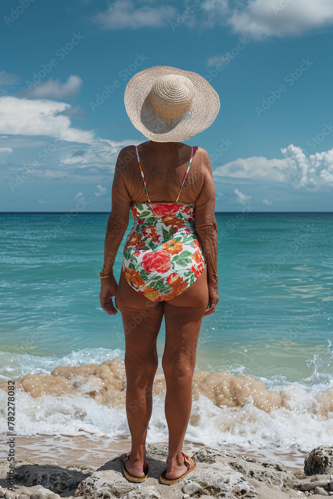 Wall mural elderly woman with elegant wide straw hat looking at the sea from the shore, caribian landscape back