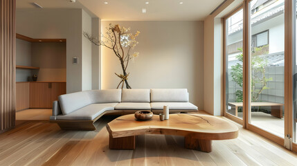 The wooden coffee table and chic curved sofa are situated next to a beige-colored window. Modern living room interior design of a minimalist Japanese home