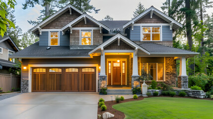 The house's garage and main entrance doors. Front wooden door with landing and gabled porch. Craftsman-style home cottage exterior featuring stone cladding and columns - obrazy, fototapety, plakaty