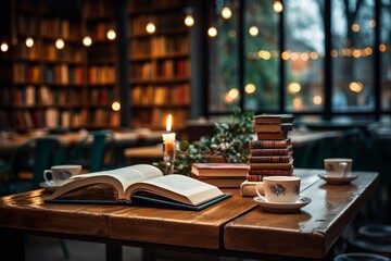 A beautiful library with a wooden table, books, and a candle