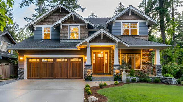 The house's garage and main entrance doors. Front wooden door with landing and gabled porch. Craftsman-style home cottage exterior featuring stone cladding and columns