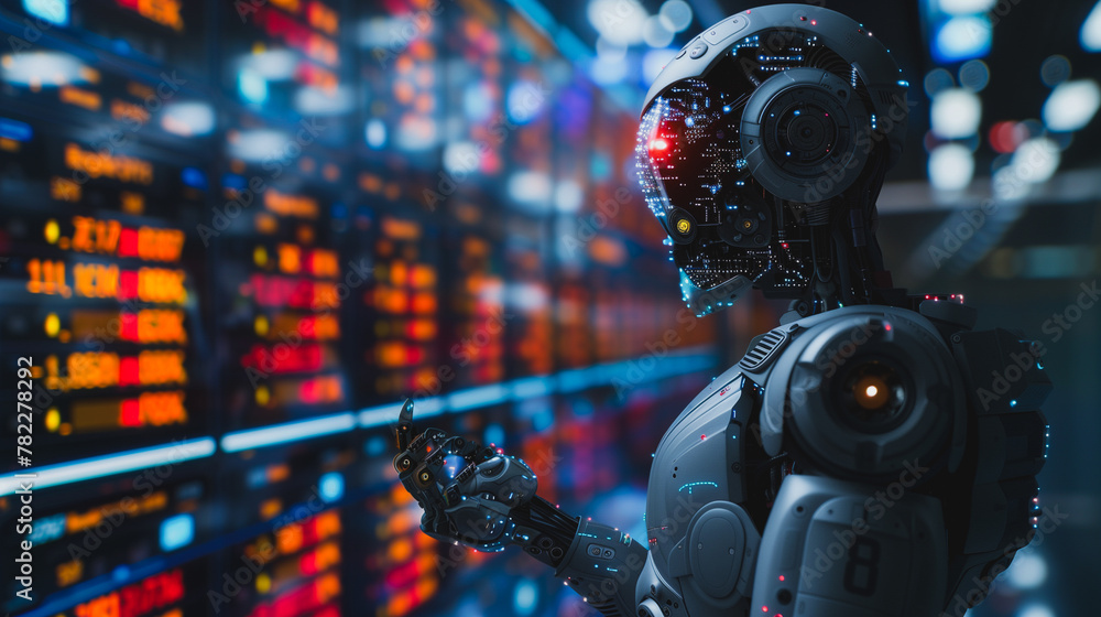 Poster a robot is standing in front of a computer monitor with a cell phone in its hand