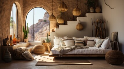 Modern bohemian bedroom interior with natural materials and textures