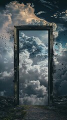 Surreal doorway opening to a cloudy sky