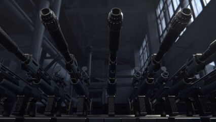 World military machine gun Machine Gun production line. Factory process. War concept. Realistic 4k animation 3d rendering - obrazy, fototapety, plakaty