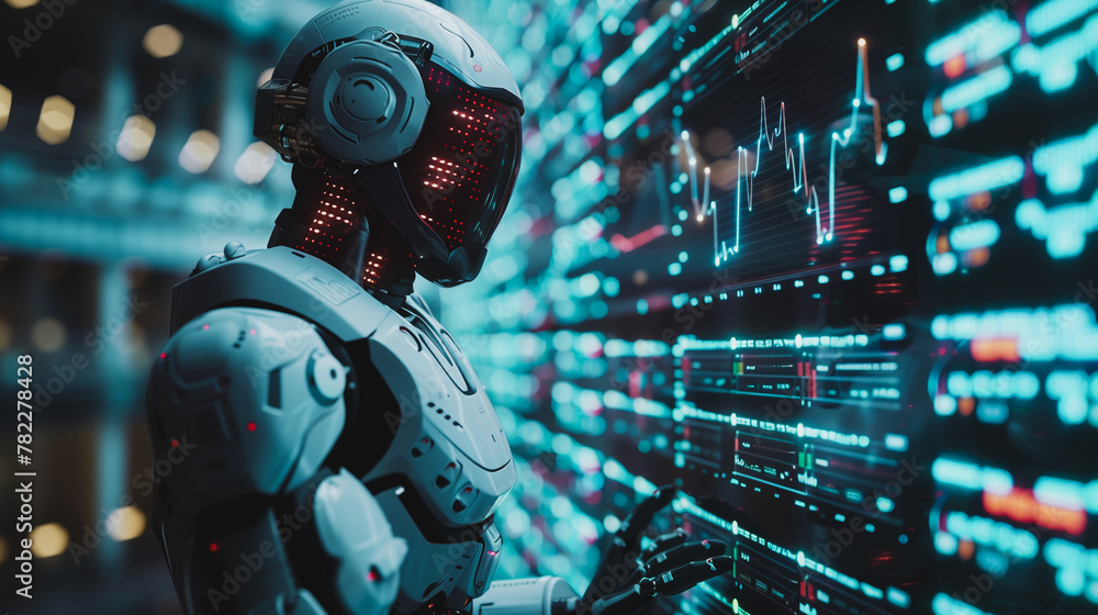 Poster a robot is looking at a computer screen with a lot of numbers and lines