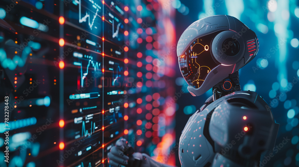 Poster A robot is standing in front of a computer monitor with a red