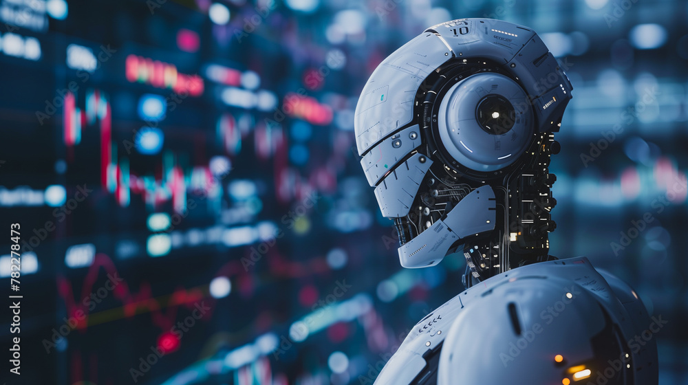 Poster a robot is standing in front of a computer screen with a lot of numbers