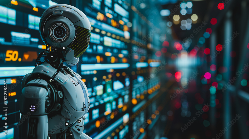 Poster a robot stands in front of a wall of computer monitors