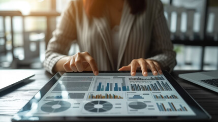 Businesswoman analyzing data on a digital dashboard in a corporate environment.