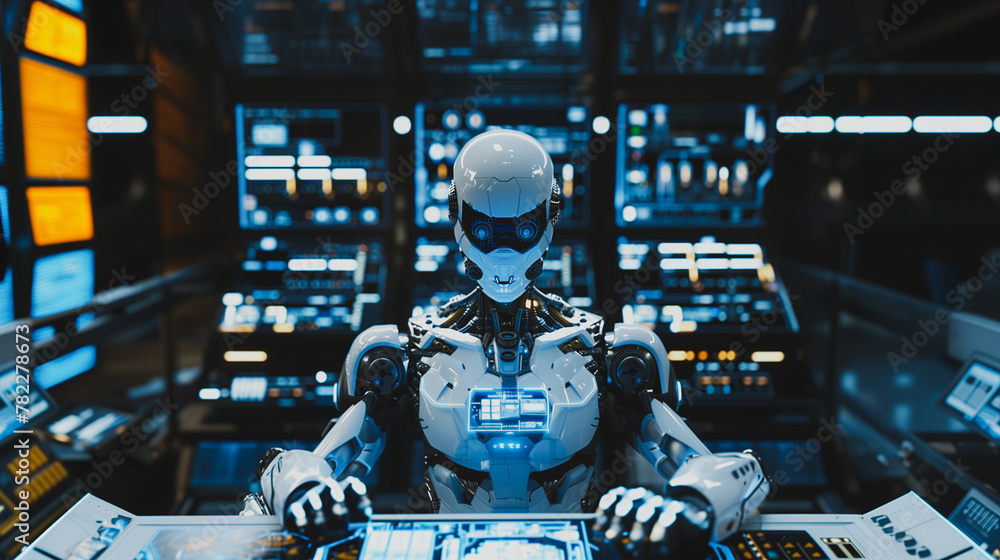 Poster a robot is sitting at a computer desk with a blue screen in front of it