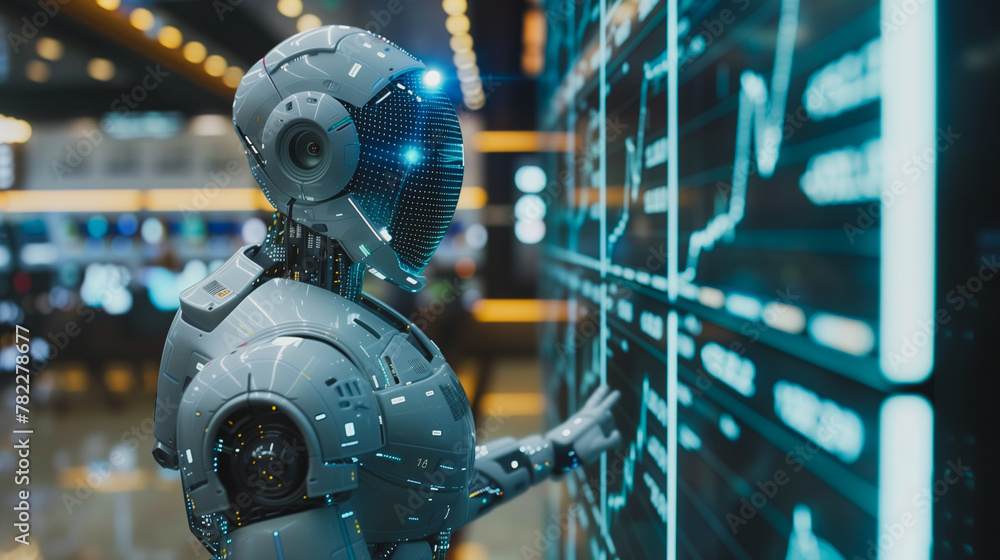 Poster a robot is pointing at a computer screen with a lot of numbers on it