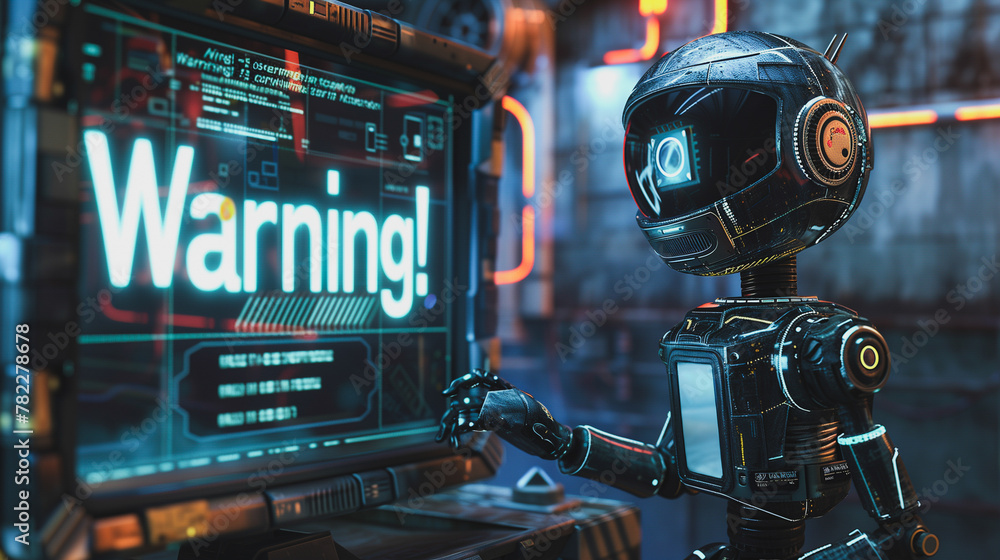 Poster a robot is looking at a computer screen with the word 