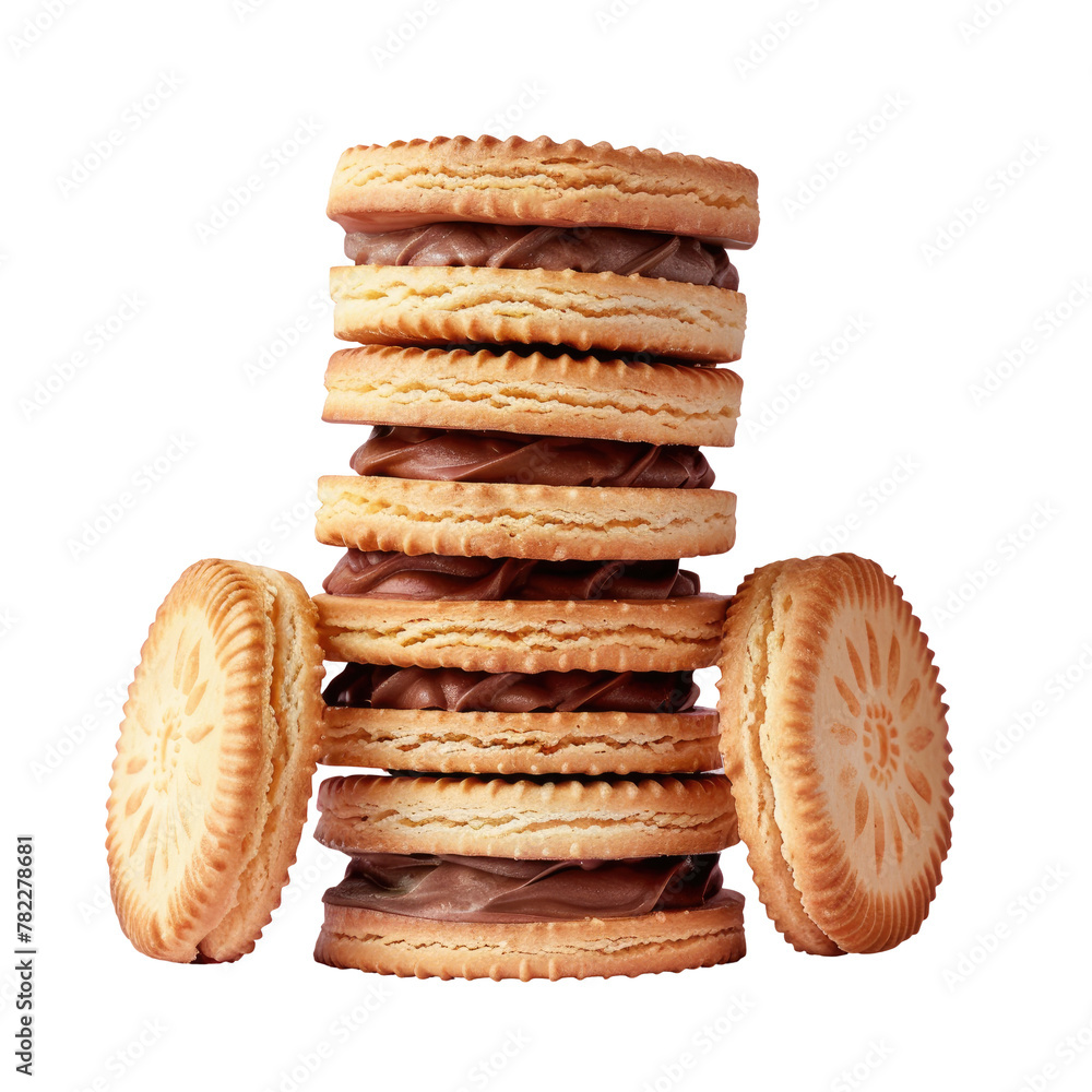 Poster a close up of a stack of cookies with chocolate frosting