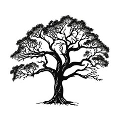 Black Tree Silhouette Isolated, Old Style Ink Drawing Icon, Tree Sketch, Woodcut or Engraving
