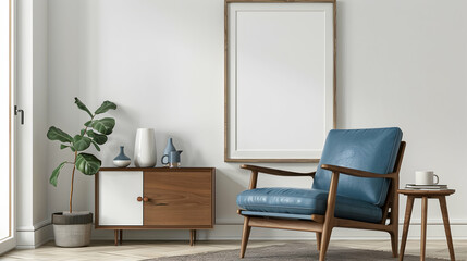 A mockup of an empty blank white poster frame on the wall in a mid century modern living room with a blue leather armchair and wood side table, with a wood cabinet and plants