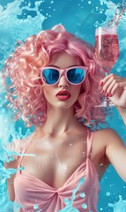 young stylish female with pink hair hold wine glass in hand and drink alcohol, party and nightlife concept