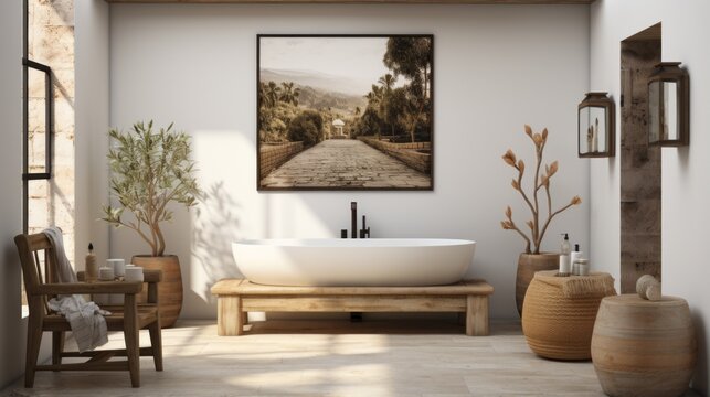 Bathroom With Large Bathtub And Picture Of Pathway In The Woods