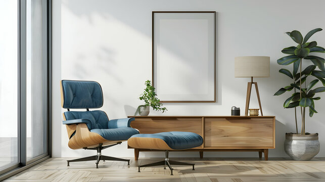 Wooden recliner chair with blue leather cushion next to side table and cabinet against poster-framed white wall. Modern living room with Scandinavian or mid-century interior design