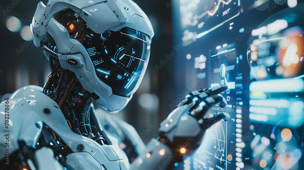 Poster a robot is touching a computer screen