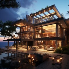 Obraz premium Modern luxury house with pool and sea view