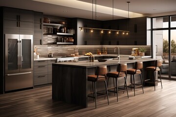 Modern kitchen with dark wood cabinets and stainless steel appliances - obrazy, fototapety, plakaty