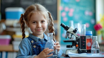 Cute girl with microscope holding laboratory bottle with water experiment study scientists at school. Education science concept.