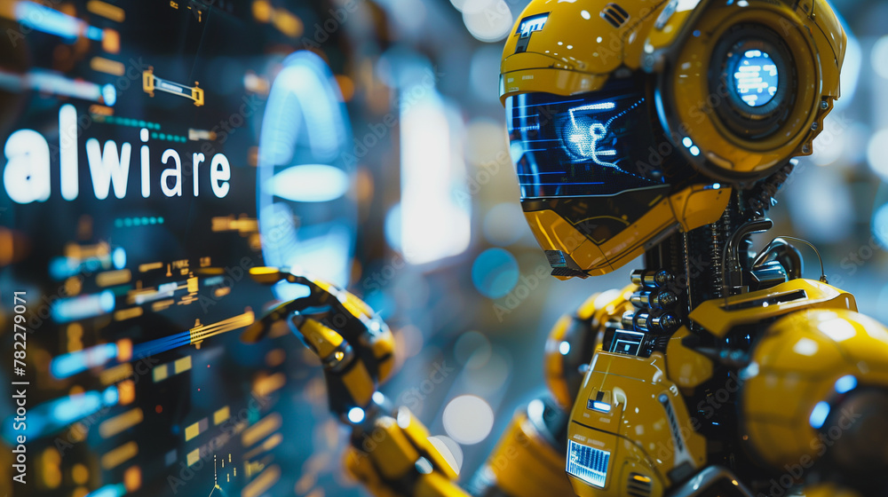 Poster a robot is pointing at a computer screen with the word 