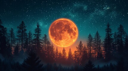 Fototapeta na wymiar Full moon over a pine forest at night