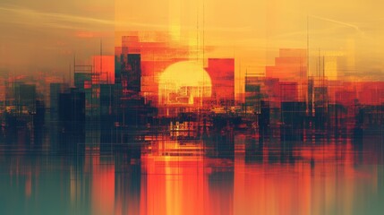 Abstract cityscape at sunset with digital glitch effect