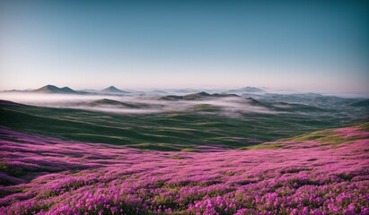 Obraz premium A misty morning in the mountains with a pink blooming flower field, with copy space, for banner, wallpaper, poster, flyer, advertising, interior
