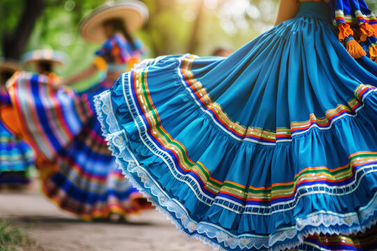 primer plano de falda colorida tradicional azul y amarilla en una fiesta mexicana con bailarinas con fondo desenfocado . Concepto celebraciones m&eacute;xico, 5 de mayo, independencia, carnaval