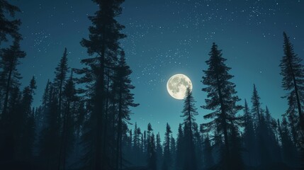 Full moon over dense pine forest at night