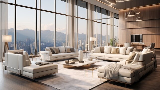 Modern luxury living room interior design with large windows and city view