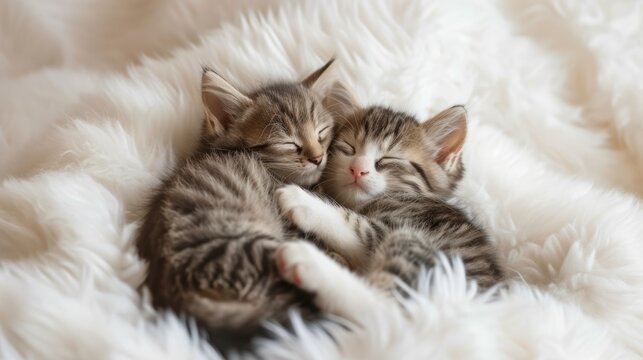 Couple kittens in love kiss sleep together hug on white fluffy bed plaid. 2 two cats hugging with paws in sleep relax