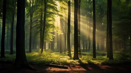 sun rays in the forest.