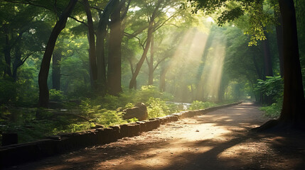 Obraz premium sun rays in the forest.