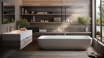 Bathroom interior with bathtub, sink and shelves