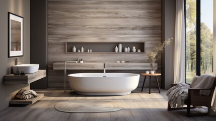 Bathroom interior with natural materials and large windows - obrazy, fototapety, plakaty
