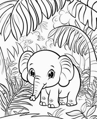 dibujo para colorear en cuento para niños de un elefante en la selva, contrazos gruesos negros y fondo blanco.