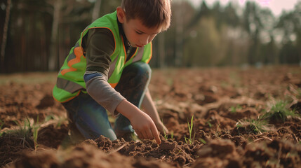 A little boy working in a field, planting the hopes of a greener future . Bright blue summer sky and blurry forests in the background.