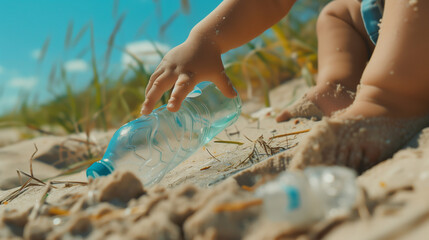 A child's hand picking up plastic litter at the beach.