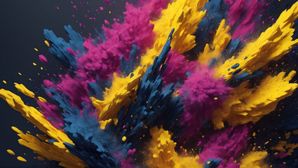 A dynamic burst of three-dimensional particles, primarily featuring tones of deep midnight blue and charcoal, punctuated by vivid splashes of yellow & magenta ULTRA HD 8K