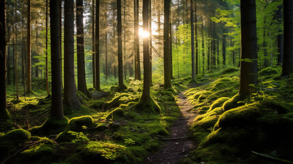 Obraz premium sun rays in the forest.