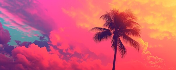 Fototapeta na wymiar Silhouette of palm tree against vibrant sunset sky