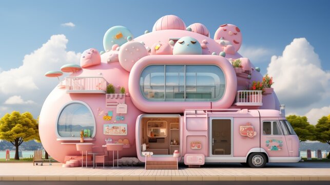 A pink cartoon house on the beach